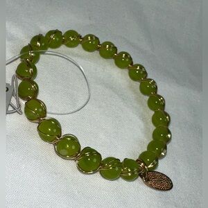 Green Beaded Bracelet with Gold Wire wrapped Accents